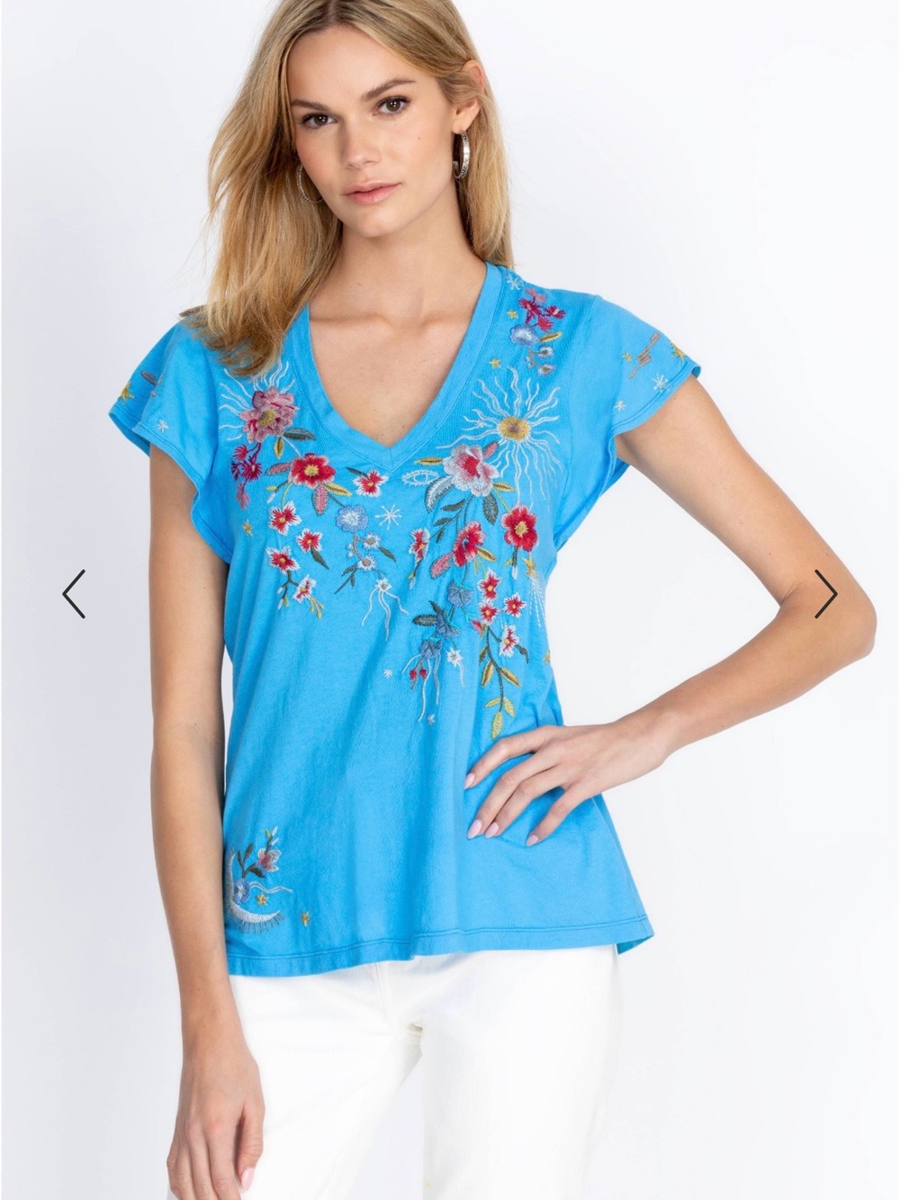 Johnny Was Lissa Flutter Sleeve Embroidered V-Neck Floral Tee